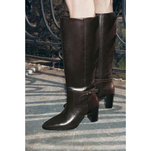 ZARA LEATHER BUCKLE HEEL BOOTS BROWN NEW WOMAN SIZE US 6.5  EUR 37 REF 1014/411 - Picture 2 of 15